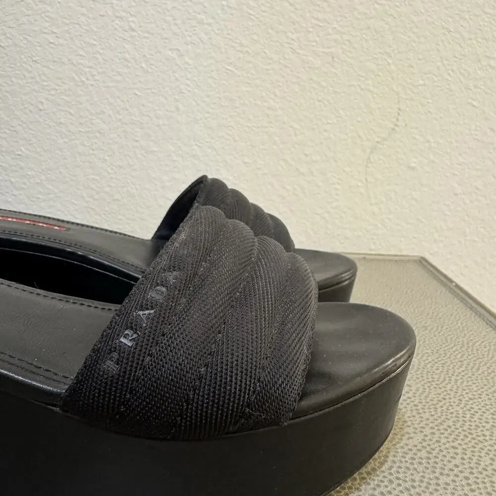 PRADA Logo Black Platform Slide Sandals Size 38.5 Y2K Vintage